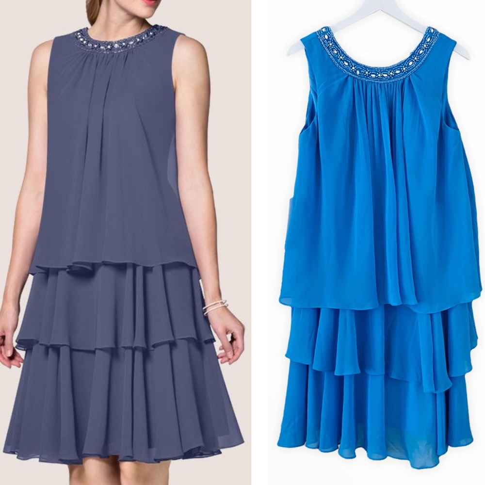 Azazie NWT Hester Dress in Blue Jay Tiered Flowy Chiffon Beaded Dress Size 12